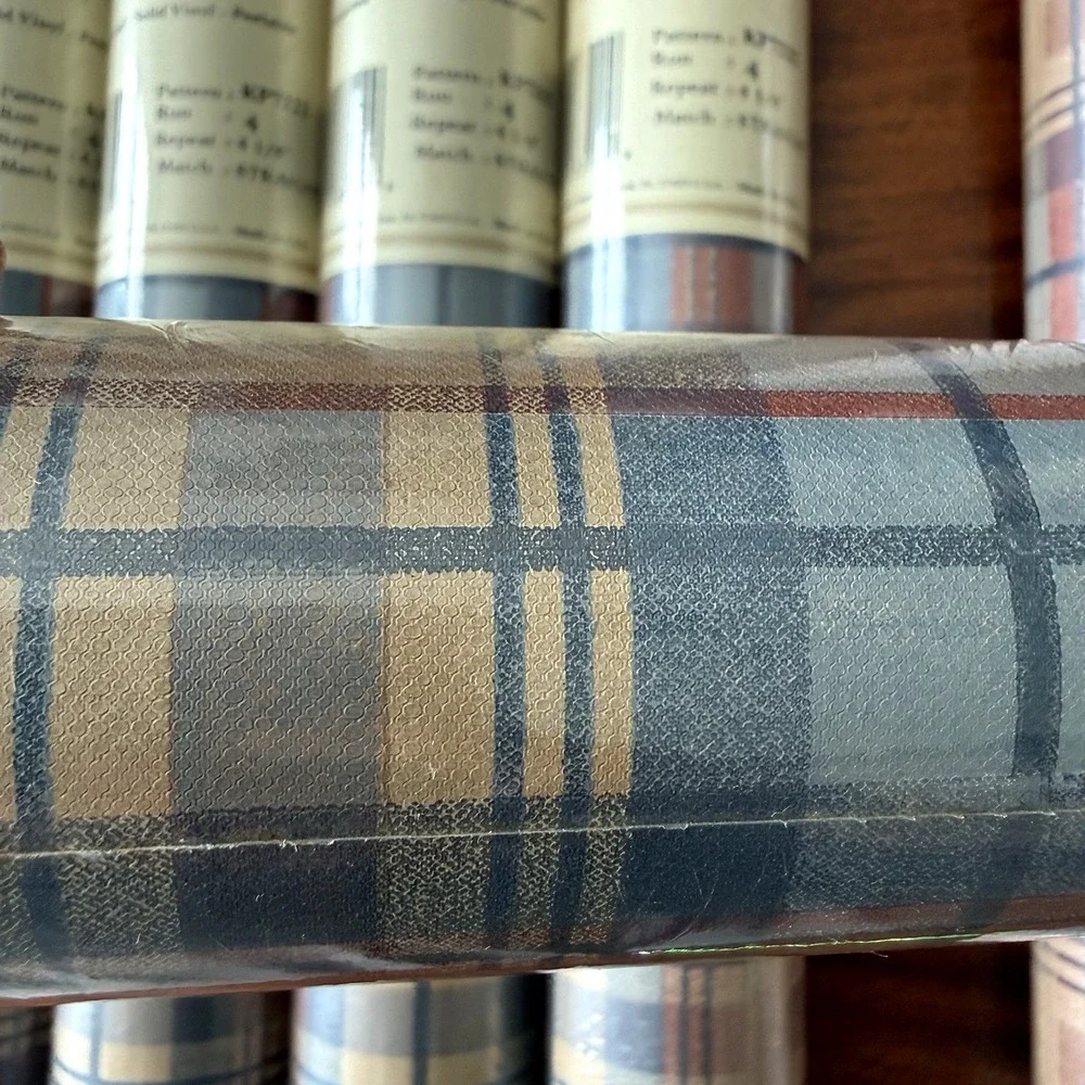 6 Rolls York Carey Lind Plaid Wallpaper KP7222 Blue Taupe Rust Vintage 1990s NOS